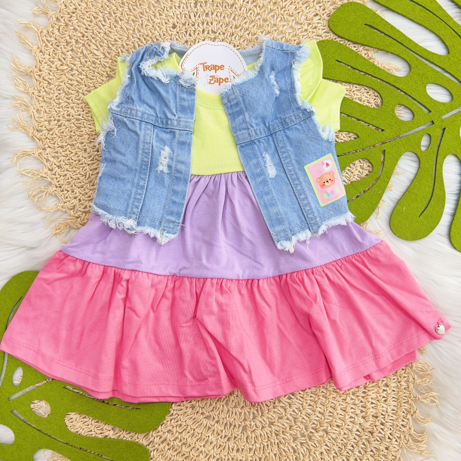  Vestido 3 Marias com Colete Jeans Sorvete - Verde e Lilás